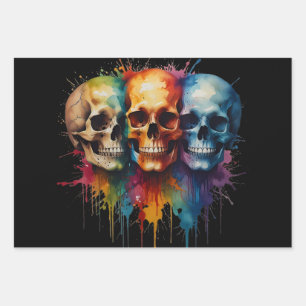 Cute Skull Watercolour with Paint Splattered Wrapping Paper Sheets