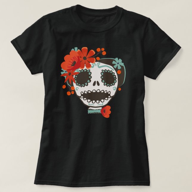 Cute Skull Wearing Flowers T-Shirt (Design Front)