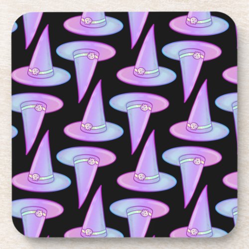 Cute Skull Witch Hat Purple Blue Drawing Pattern Beverage Coaster