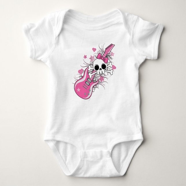 Cute Skull with Pink Guitar Baby Bodysuit (Front)