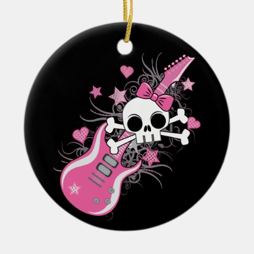 Cute Skull with Pink Guitar Ceramic Ornament