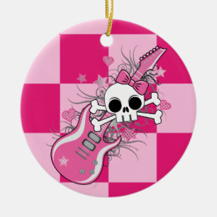 Cute Skull with Pink Guitar Ceramic Ornament