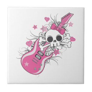 Cute Skull with Pink Guitar Ceramic Tile