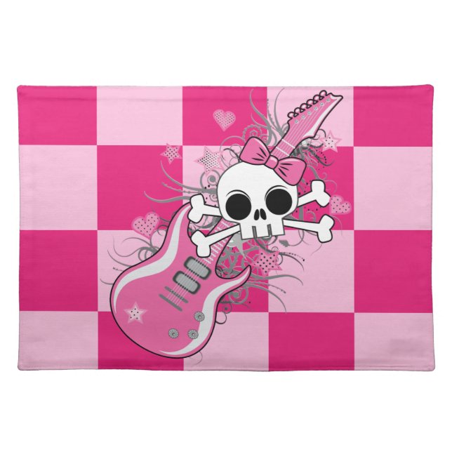 Cute Skull with Pink Guitar Cloth Placemat (Front)
