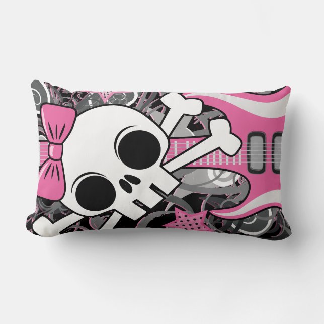 Cute Skull with Pink Guitar Lumbar Pillow (Front)