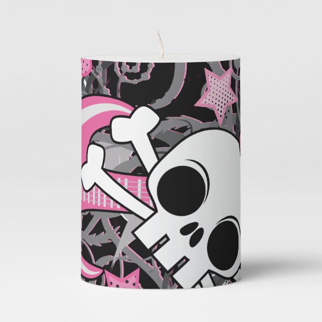 Cute Skull with Pink Guitar Pillar Candle (Front)