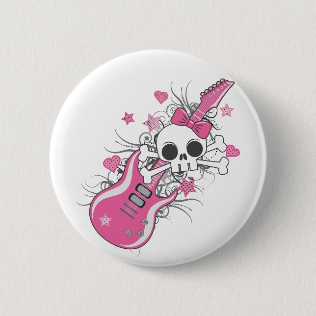 Cute Skull with Pink Guitar Pinback Button (Front)
