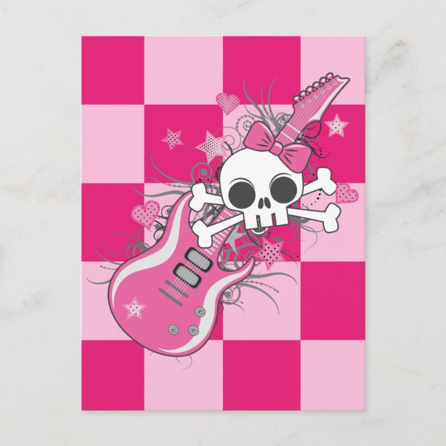 Cute Skull with Pink Guitar Postcard (Front)