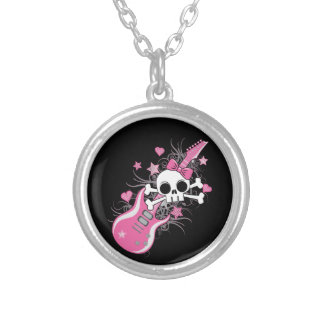 Cute Skull with Pink Guitar Silver Plated Necklace