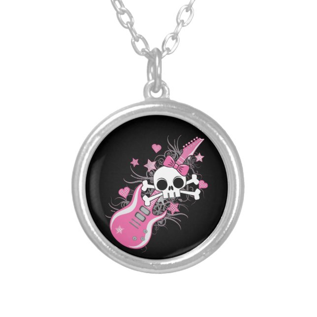 Cute Skull with Pink Guitar Silver Plated Necklace (Front)