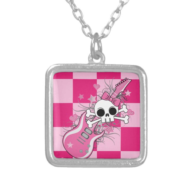 Cute Skull with Pink Guitar Silver Plated Necklace (Front)
