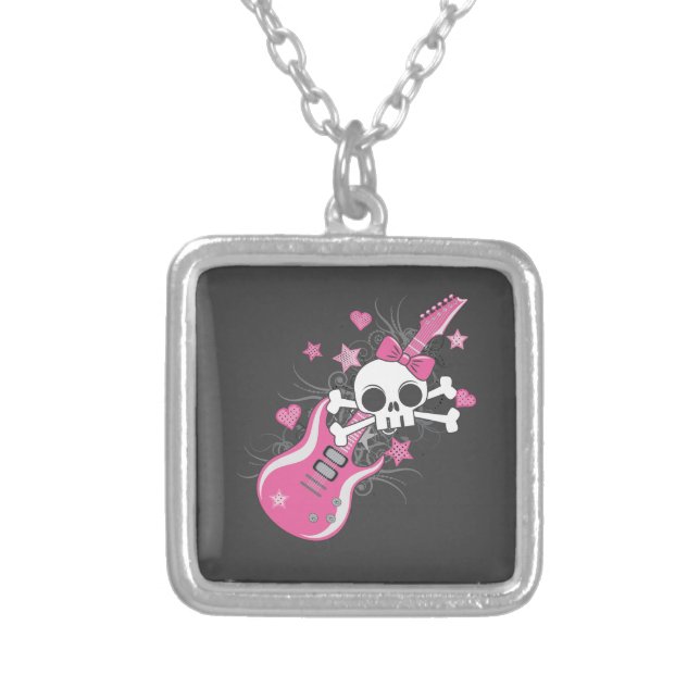Cute Skull with Pink Guitar Silver Plated Necklace (Front)