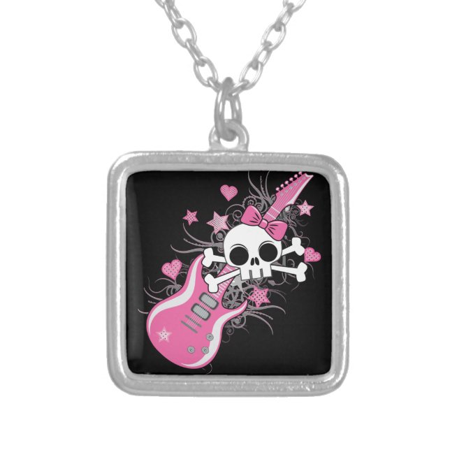 Cute Skull with Pink Guitar Silver Plated Necklace (Front)