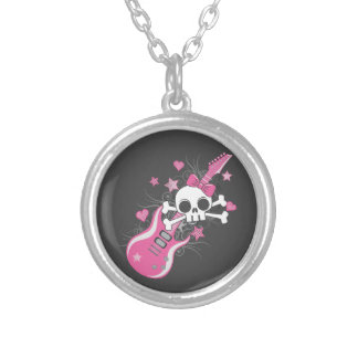Cute Skull with Pink Guitar Silver Plated Necklace