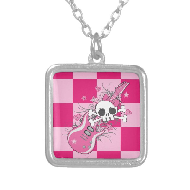 Cute Skull with Pink Guitar Silver Plated Necklace (Front)