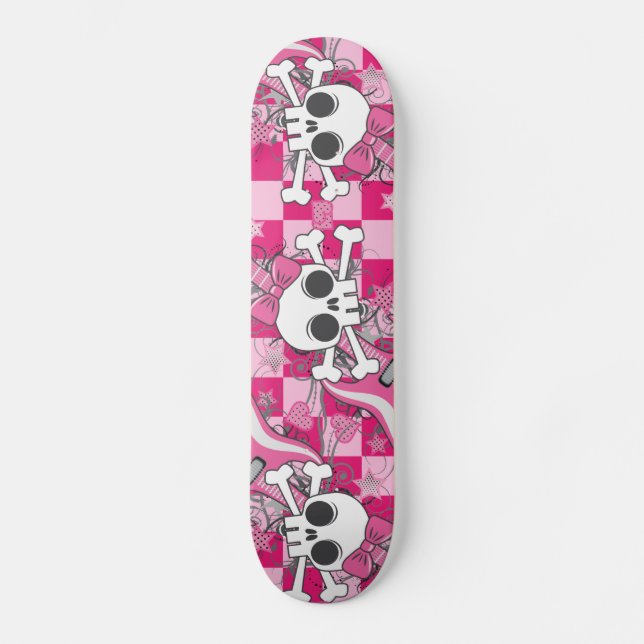 Cute Skull with Pink Guitar Skateboard Deck (Front)