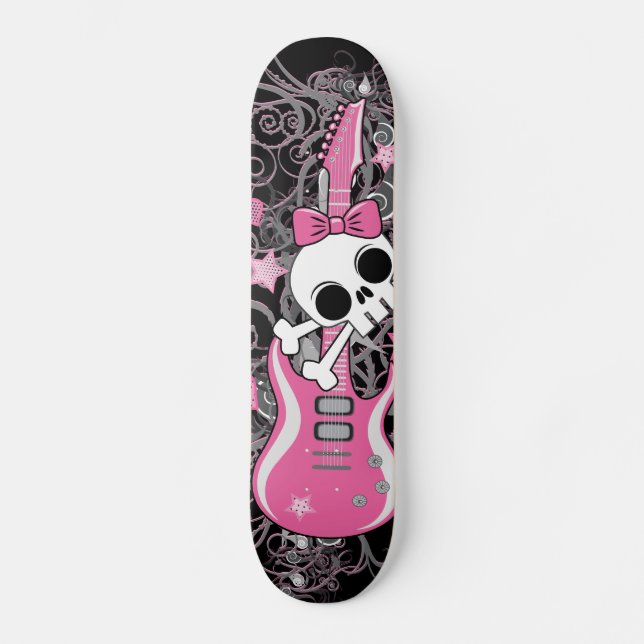 Cute Skull with Pink Guitar Skateboard Deck (Front)