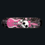 Cute Skull with Pink Guitar Skateboard Deck<br><div class="desc">Cute skull and crossbones with bow and girly pink guitar surrounded by hearts and stars.</div>