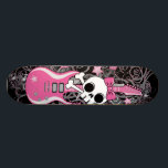Cute Skull with Pink Guitar Skateboard Deck<br><div class="desc">Cute skull and crossbones with bow and girly pink guitar surrounded by hearts and stars.</div>