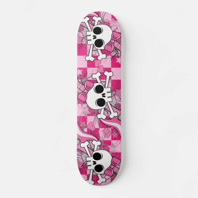 Cute Skull with Pink Guitar Skateboard Deck (Front)