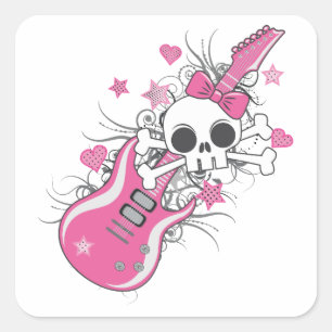 Cute Skull with Pink Guitar Square Sticker