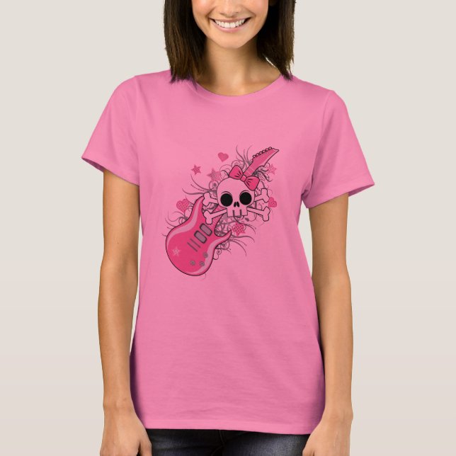 Cute Skull with Pink Guitar T-Shirt (Front)