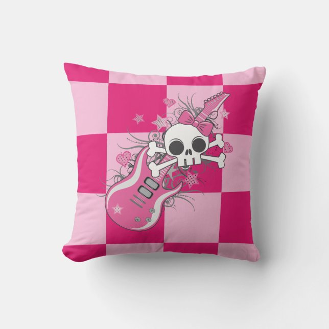 Cute Skull with Pink Guitar Throw Pillow (Front)