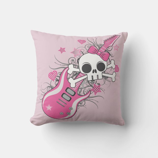 Cute Skull with Pink Guitar Throw Pillow (Front)