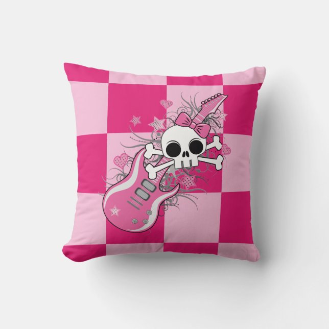Cute Skull with Pink Guitar Throw Pillow (Front)