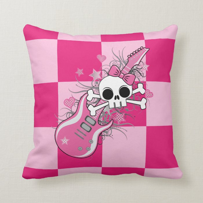 Cute Skull with Pink Guitar Throw Pillow