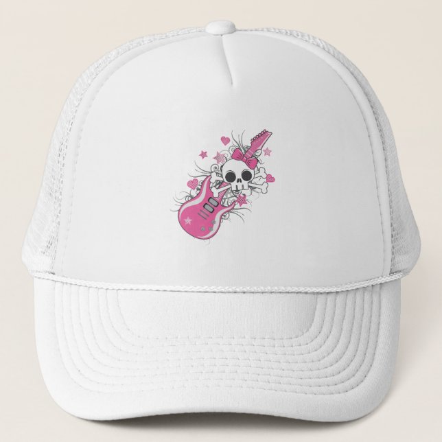 Cute Skull with Pink Guitar Trucker Hat (Front)
