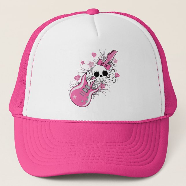 Cute Skull with Pink Guitar Trucker Hat (Front)
