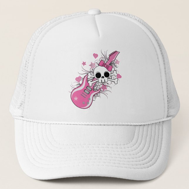 Cute Skull with Pink Guitar Trucker Hat (Front)