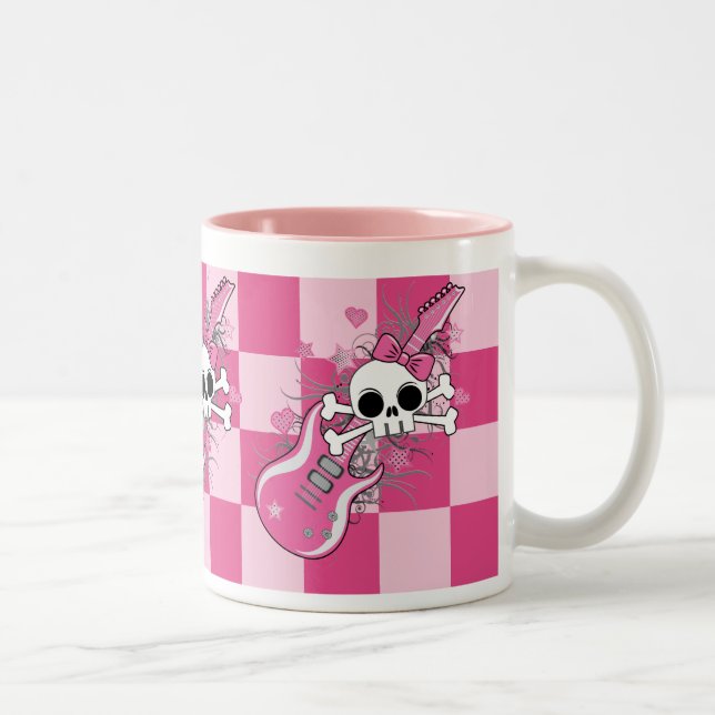 Cute Skull with Pink Guitar Two-Tone Coffee Mug (Right)