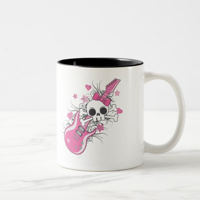 Cute Skull with Pink Guitar Two-Tone Coffee Mug (Right)