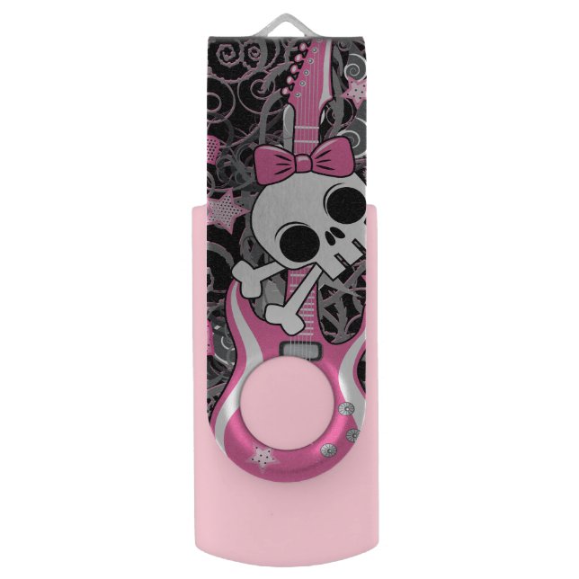 Cute Skull with Pink Guitar USB Flash Drive (Front Vertical)