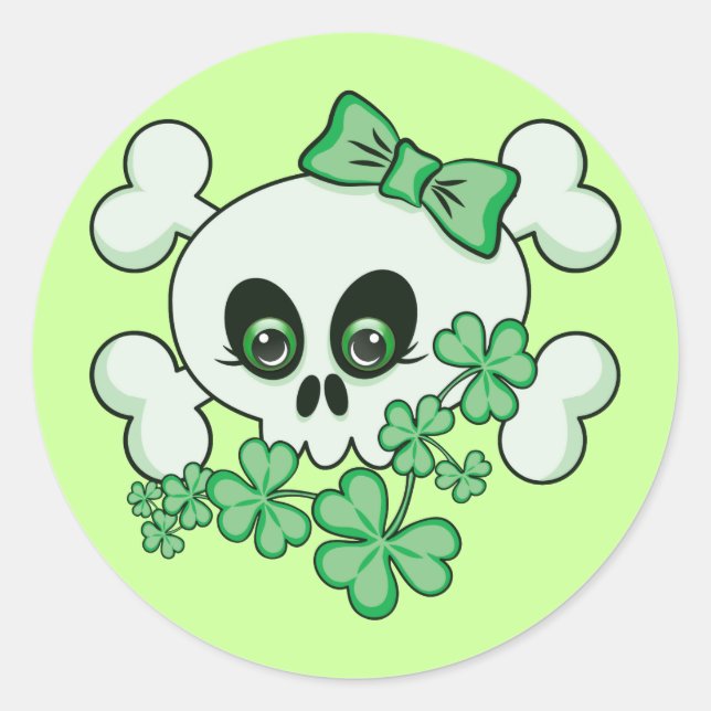 Cute Skull with Shamrocks Classic Round Sticker (Front)