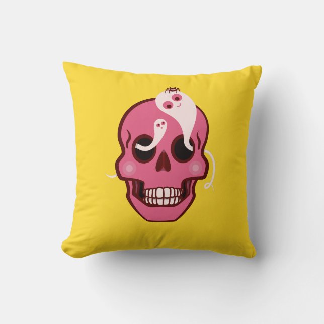 Cute Skull With Spider And Ghosts In Eye Sockets Throw Pillow (Front)
