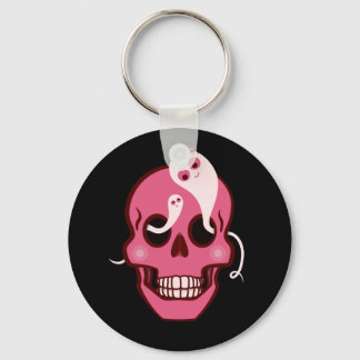 Cute Skull With Spider And Ghosts In Eyes Black Keychain
