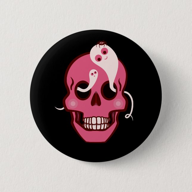 Cute Skull With Spider And Ghosts In Eyes Dark Button (Front)