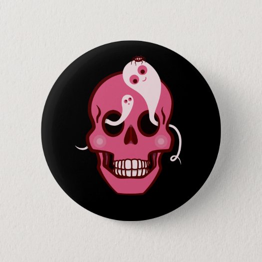 Cute Skull With Spider And Ghosts In Eyes Dark Button