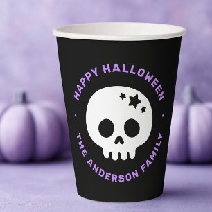 Cute skull with stars black purple Happy Halloween Paper Cups