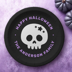 Cute skull with stars black purple Happy Halloween Paper Plates