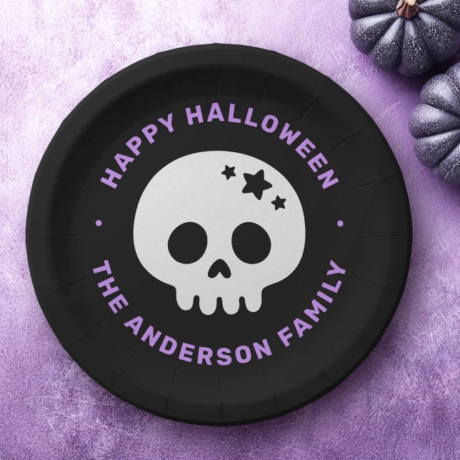 Cute skull with stars black purple Happy Halloween Paper Plates (Cute skull with stars black purple Happy Halloween Paper Plates)