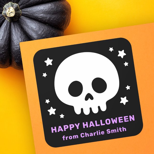 Cute skull with stars black purple Happy Halloween Square Sticker (Cute skull with stars black purple Happy Halloween Square Sticker)