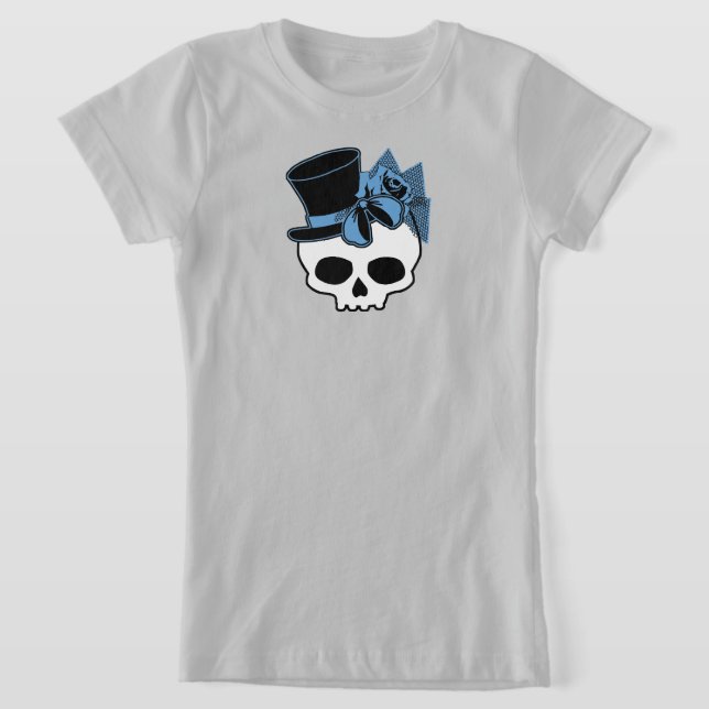 Cute Skull With Top Hat Rose Blue Bow (Laydown)