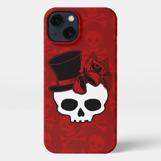 Cute Skull With Top Hat Rose Red Bow iPhone Case (Back)