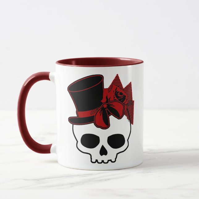 Cute Skull With Top Hat Rose Red Bow Mug (Left)