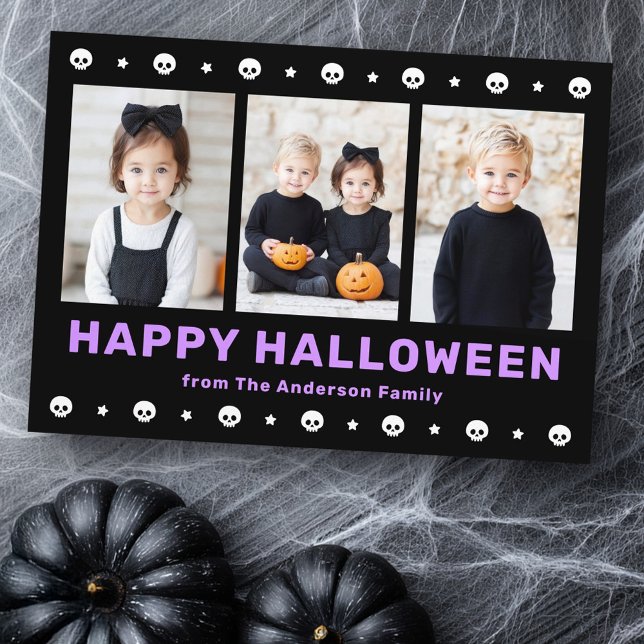 Cute skulls and stars black purple Halloween photo Holiday Card (Cute skulls and stars black purple Halloween photo Holiday Card)
