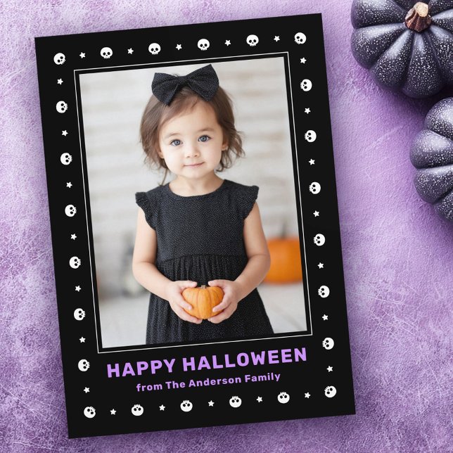 Cute skulls and stars border black Halloween photo Holiday Card (Cute skulls and stars border black Halloween photo Holiday Card)